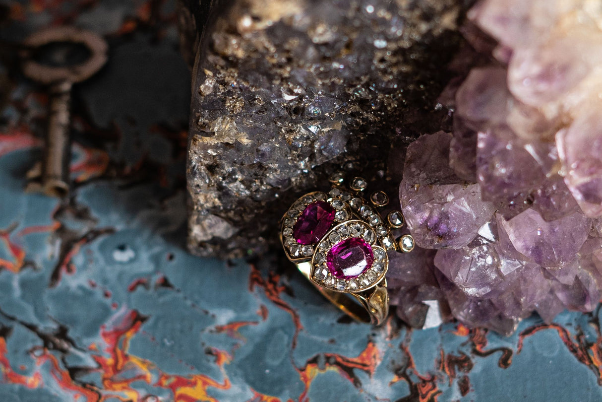 Victorian, Burmese, Double Pink Sapphire and Diamond Heart Engagement Ring | Antique Rings | Antique Ring Boutique | Vintage Engagement Rings