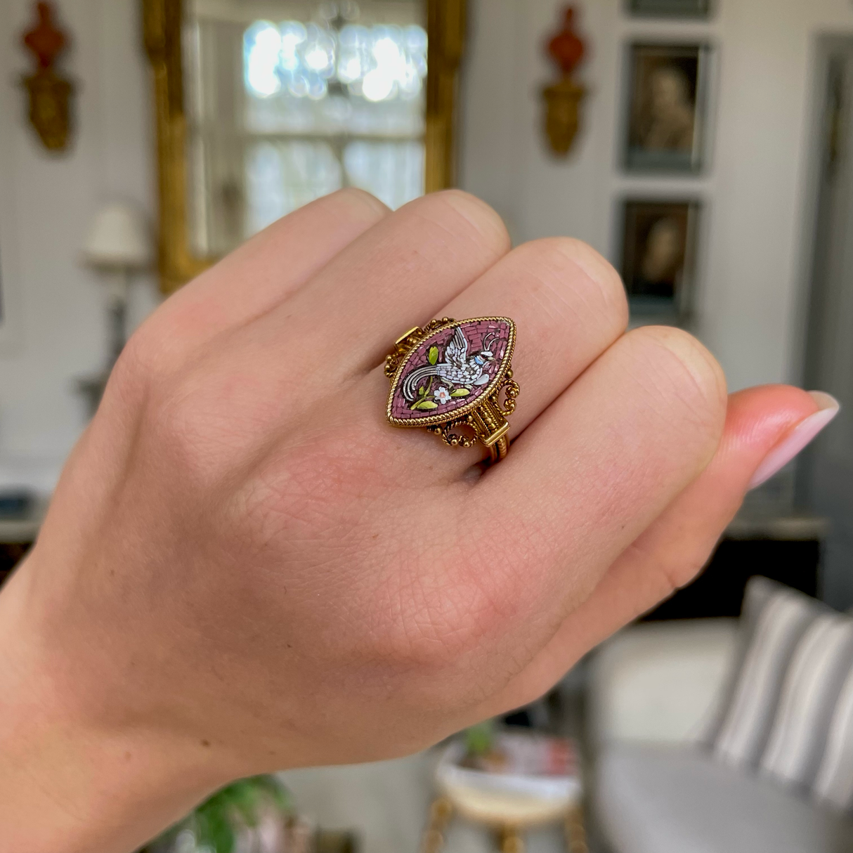 ON HOLD | Antique, italian grand tour bird of paradise micro mosaic ring