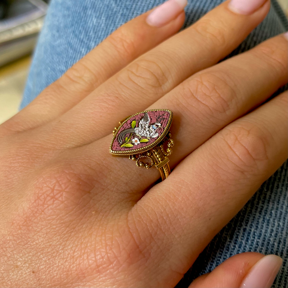 ON HOLD | Antique, italian grand tour bird of paradise micro mosaic ring
