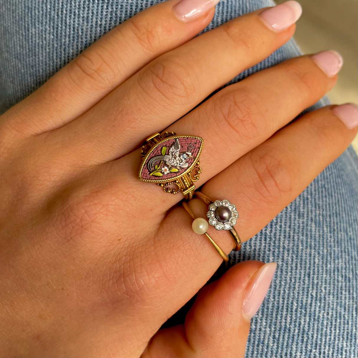 ON HOLD | Antique, italian grand tour bird of paradise micro mosaic ring