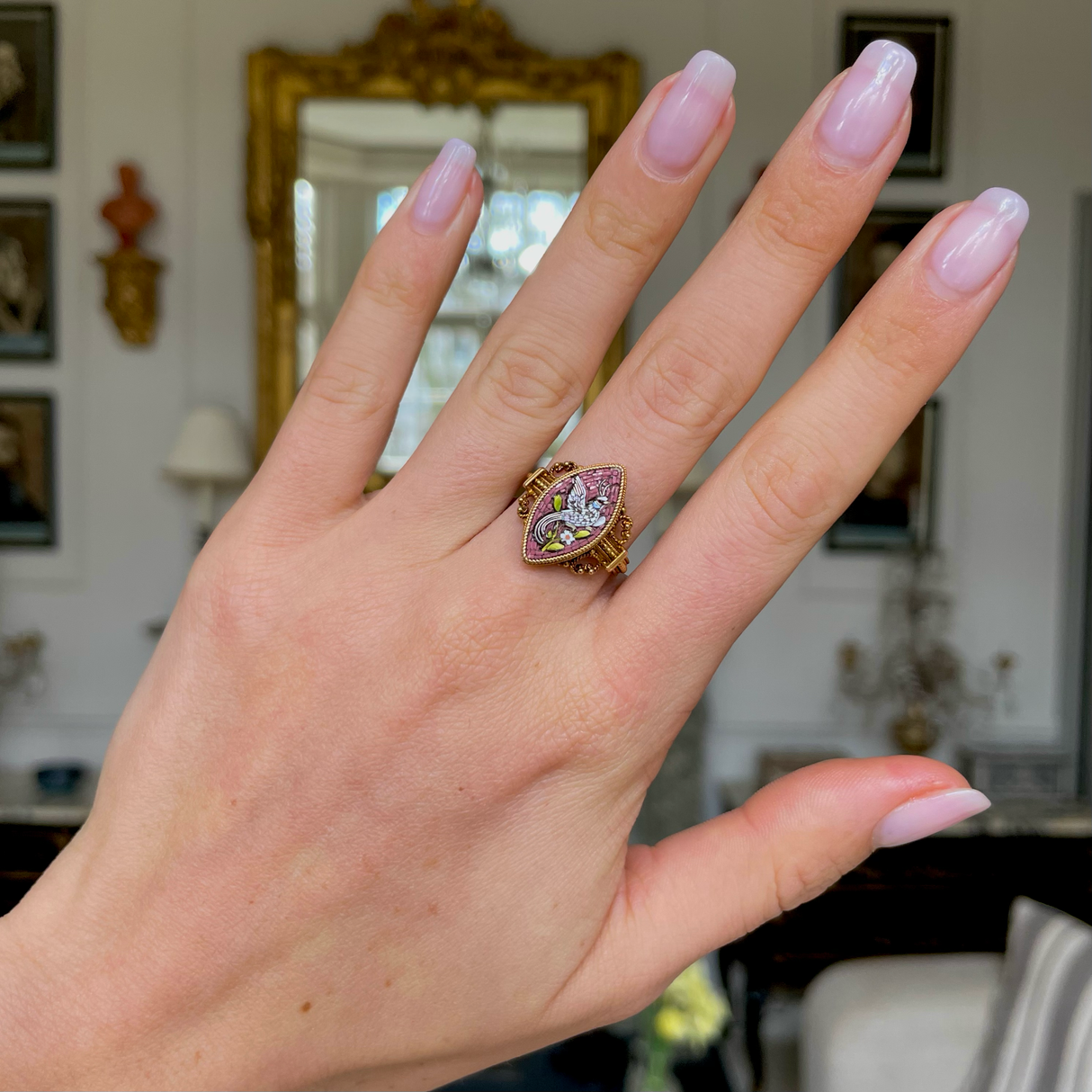 ON HOLD | Antique, italian grand tour bird of paradise micro mosaic ring