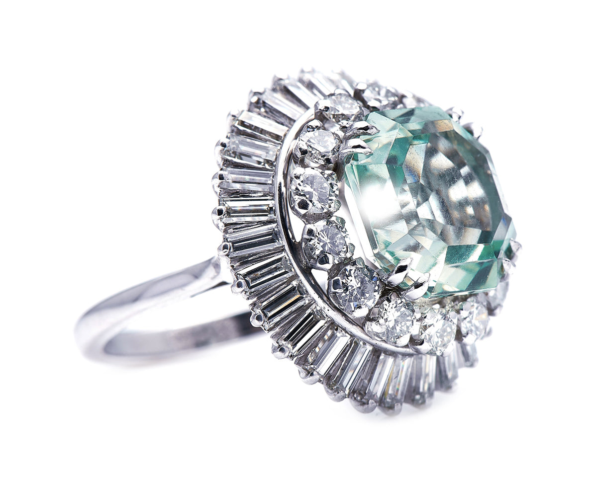 Mid century, 1950s, 18ct white gold, extraordinary mint quartz and diamond ring