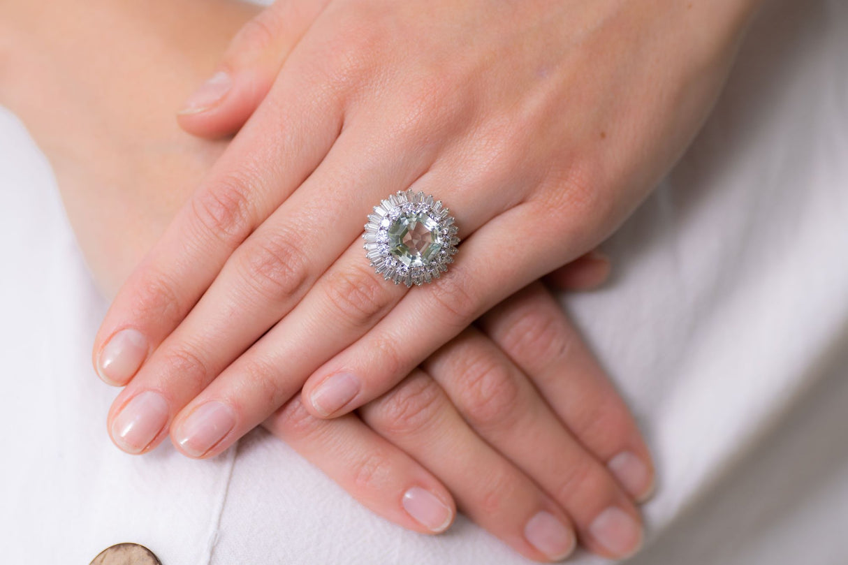 Mid century, 1950s, 18ct white gold, extraordinary mint quartz and diamond ring