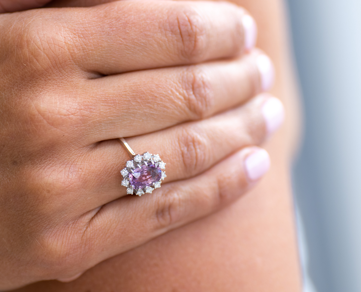 Mid century, 1960s, 18ct white gold, spinel and diamond cluster ring