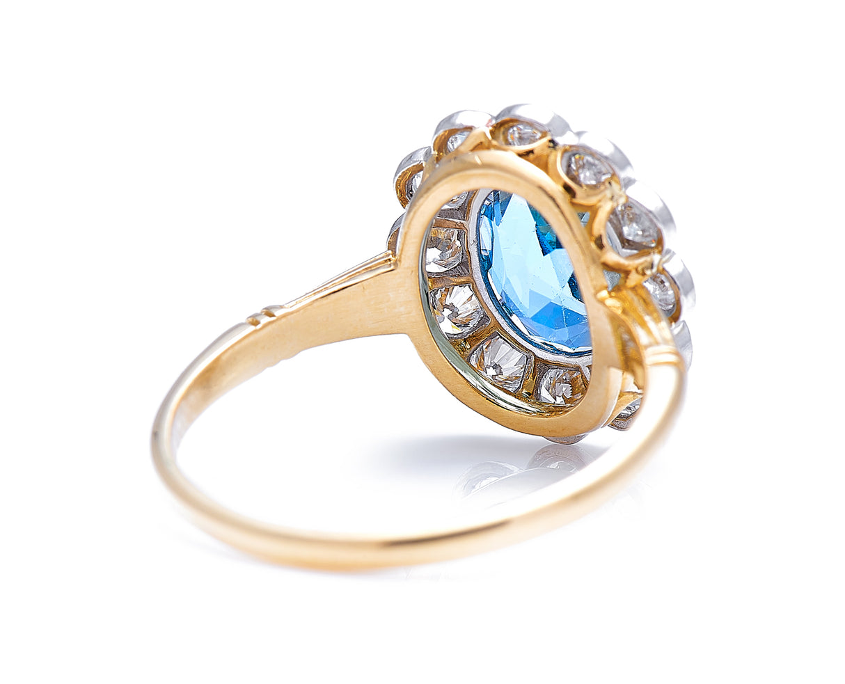 Mid century, 18ct gold, aquamarine and diamond cluster ring