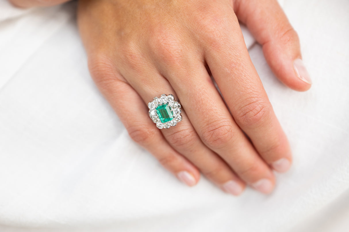 Engagement | 18ct white gold, Colombian emerald and diamond cluster ring