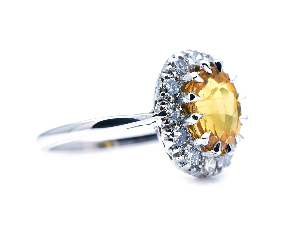 Mid century, 18ct white gold, yellow sapphire and diamond ring