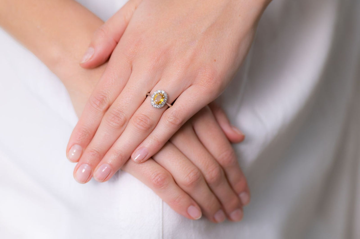 Mid century, 18ct white gold, yellow sapphire and diamond ring