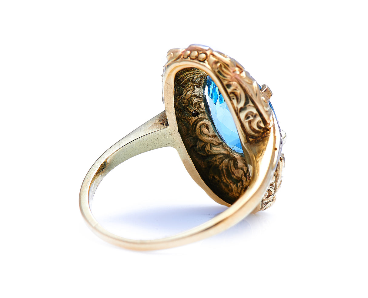 Mid century, 1930s, 14ct gold, aquamarine and diamond ring