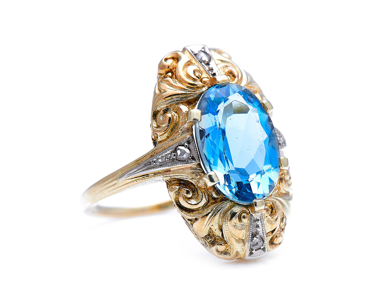Mid century, 1930s, 14ct gold, aquamarine and diamond ring