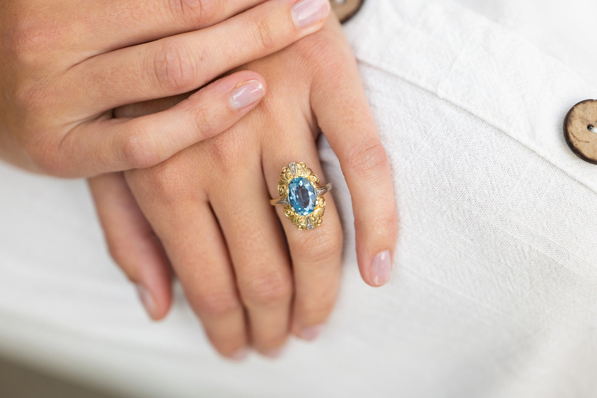 Mid century, 1930s, 14ct gold, aquamarine and diamond ring