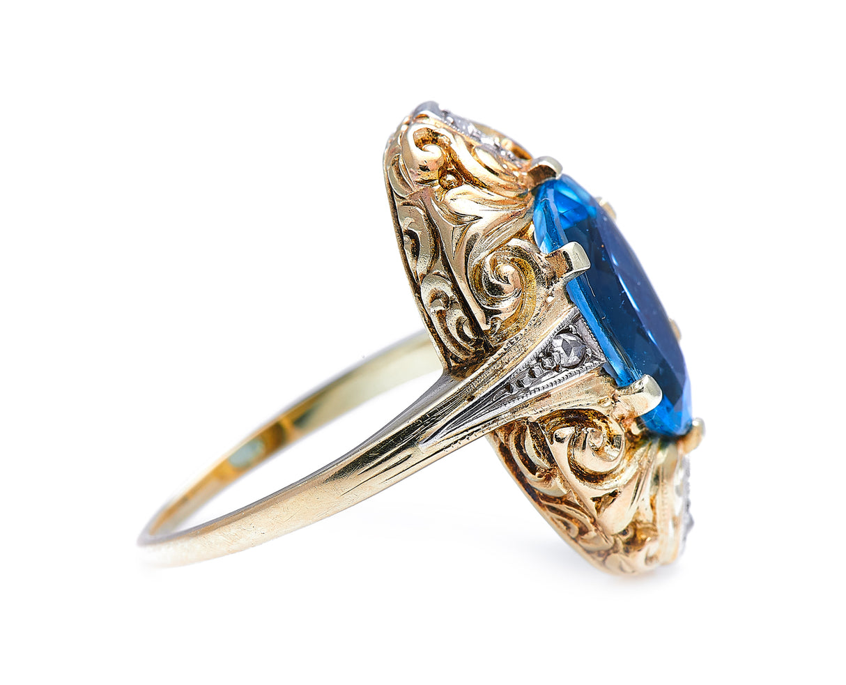 Mid century, 1930s, 14ct gold, aquamarine and diamond ring