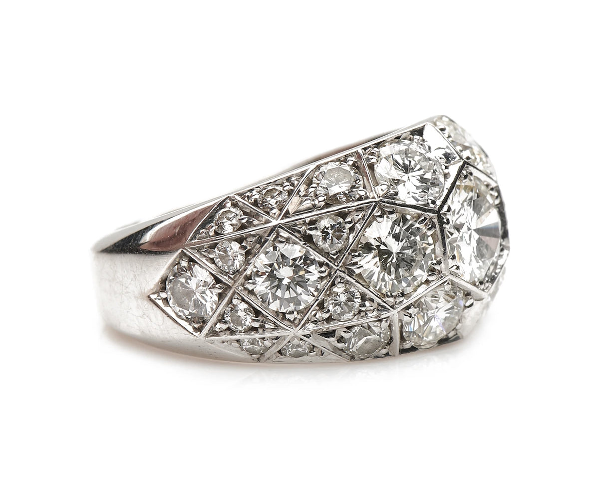 Mid century, 1950s, 18ct white gold, large honeycomb diamond band ring