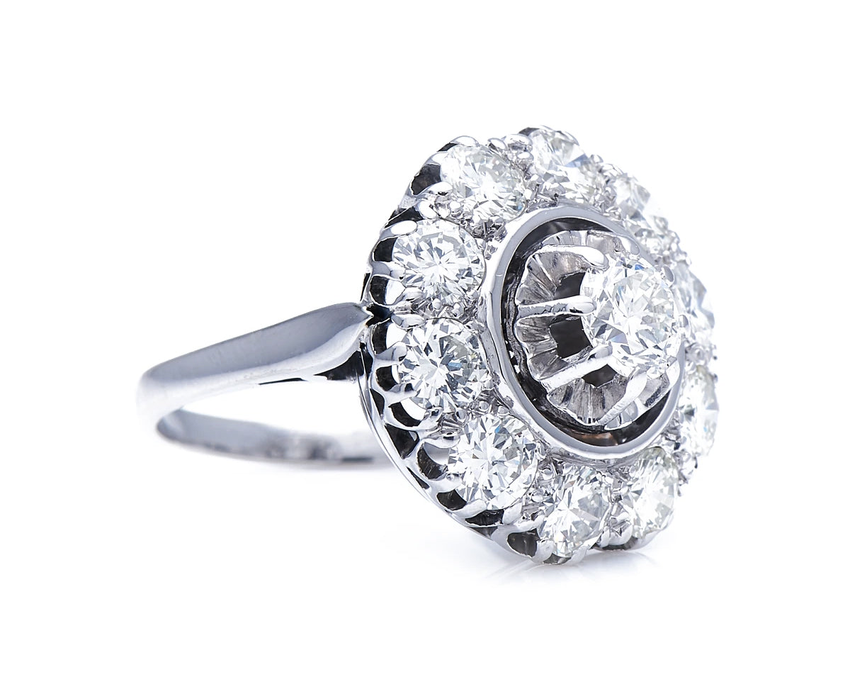 Mid century, 1950s, 18ct white gold, diamond cluster ring