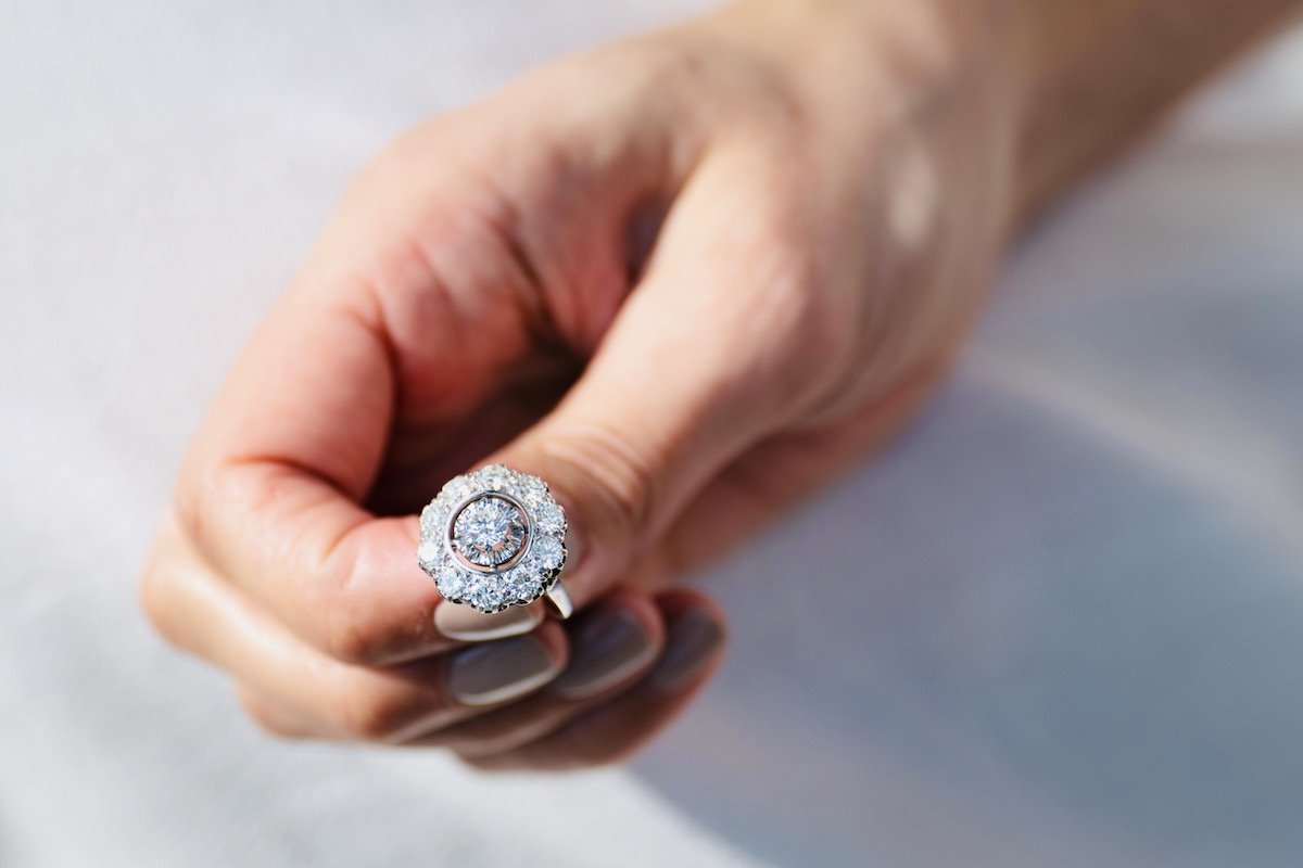 Mid century, 1950s, 18ct white gold, diamond cluster ring