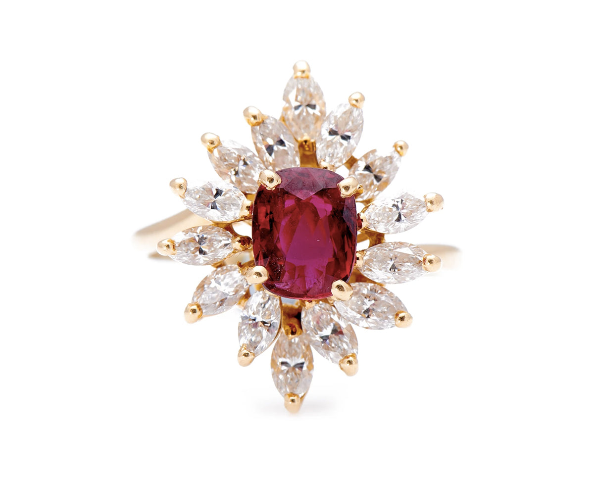 Mid century, French, 1960s, 18ct gold, natural ruby and diamond cluster ring