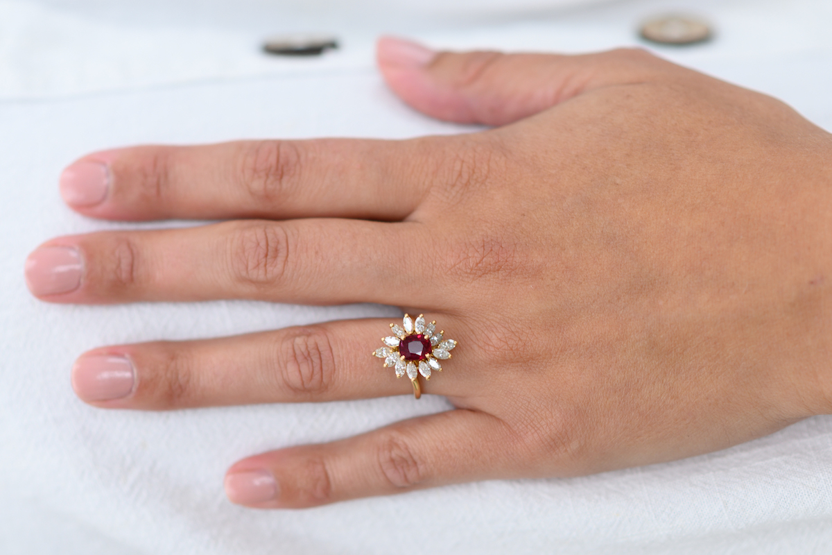 Mid century, French, 1960s, 18ct gold, natural ruby and diamond cluster ring