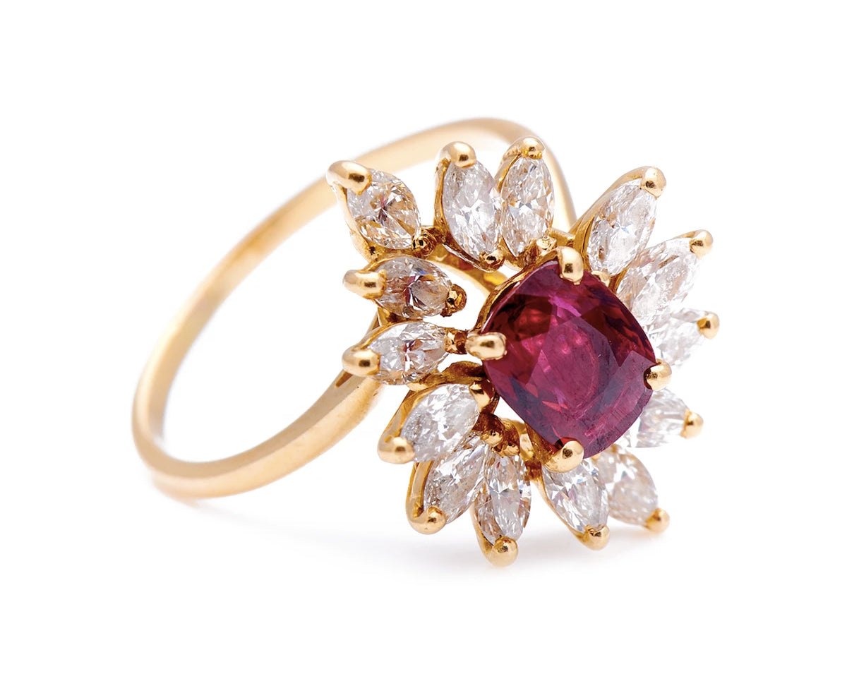 Mid century, French, 1960s, 18ct gold, natural ruby and diamond cluster ring