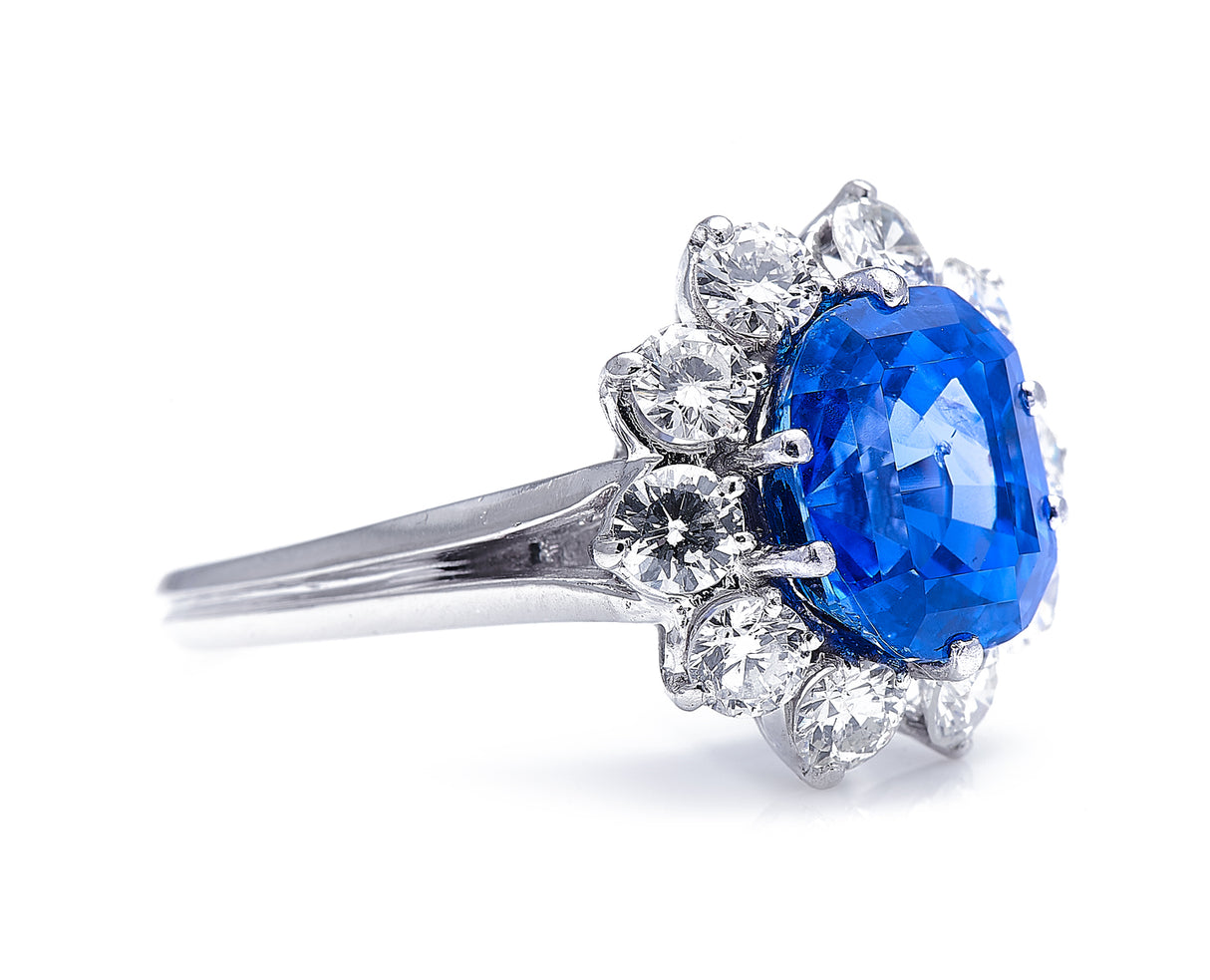 Mid century, platinum, cornflower blue sapphire and diamond cluster ring