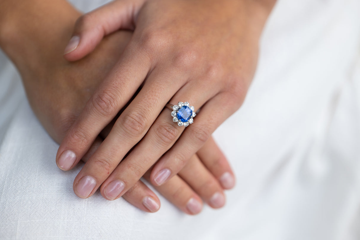 Mid century, platinum, cornflower blue sapphire and diamond cluster ring