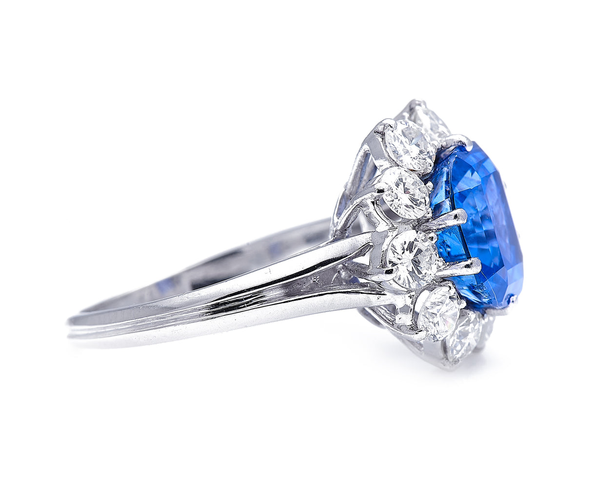 Mid century, platinum, cornflower blue sapphire and diamond cluster ring