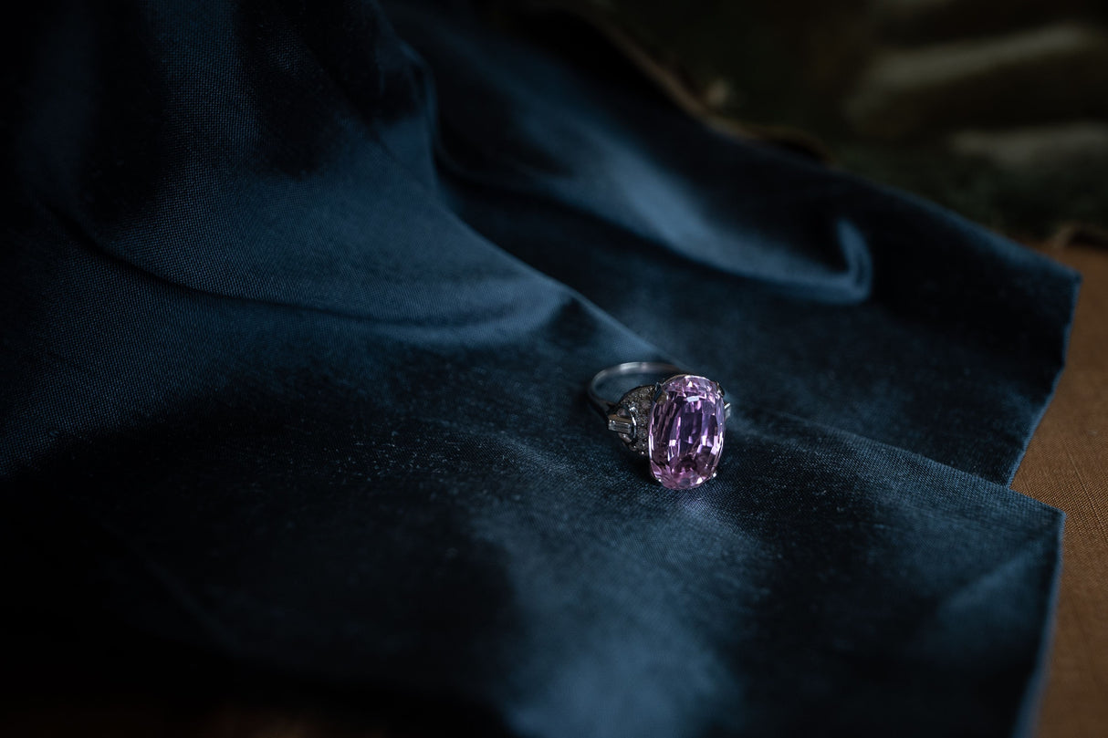Art Deco, Platinum, Kunzite and Diamond Cocktail Ring  |Antique Ring Boutique | Sustainable Antique Rings | Rare Antique Rings | Bespoke Untreated Vintage Antique Rings | An Antique Jewellery Company