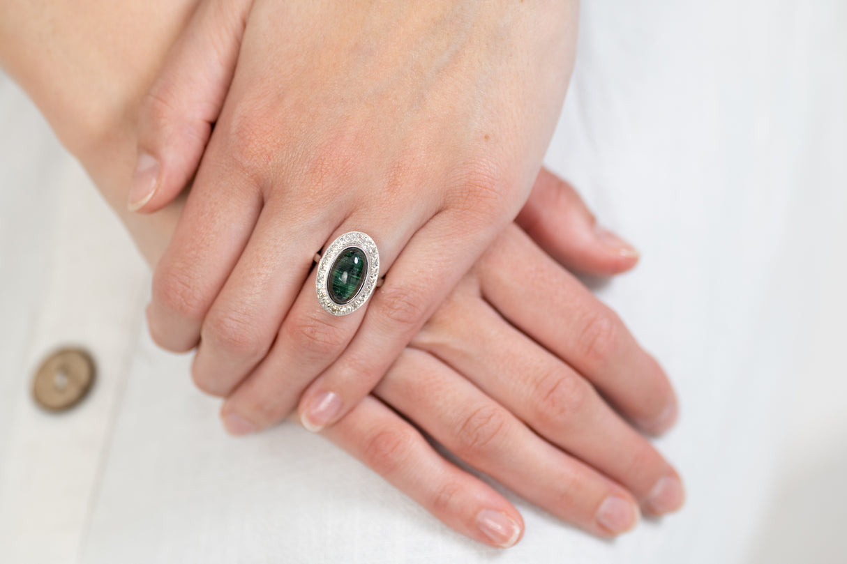 Art Deco, French 18ct white gold, cabochon tourmaline and diamond ring