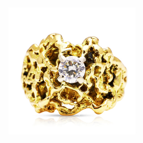 Vintage textured 18ct yellow gold nugget diamond ring, front view.