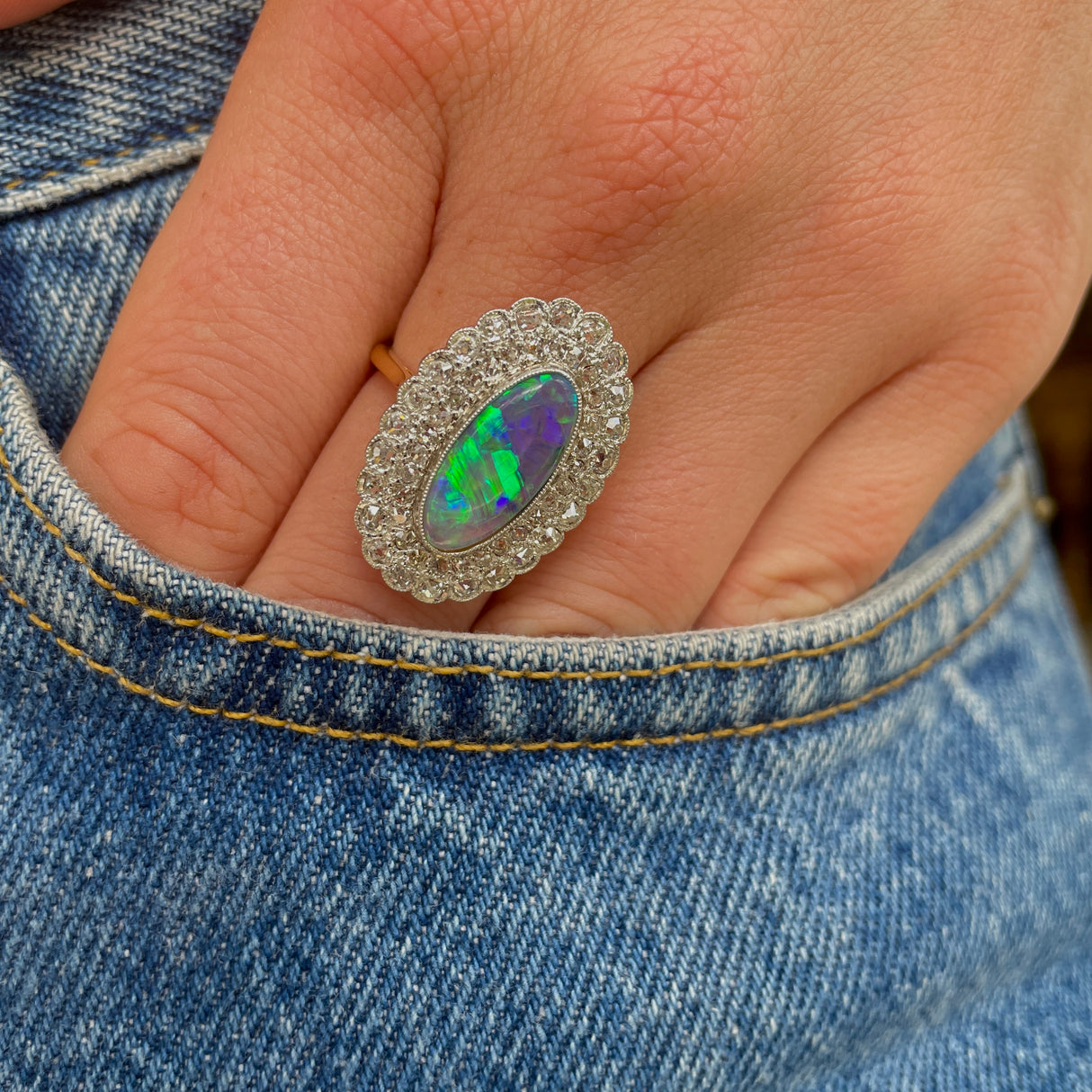 Vintage, Art Deco crystal opal & diamond cocktail ring