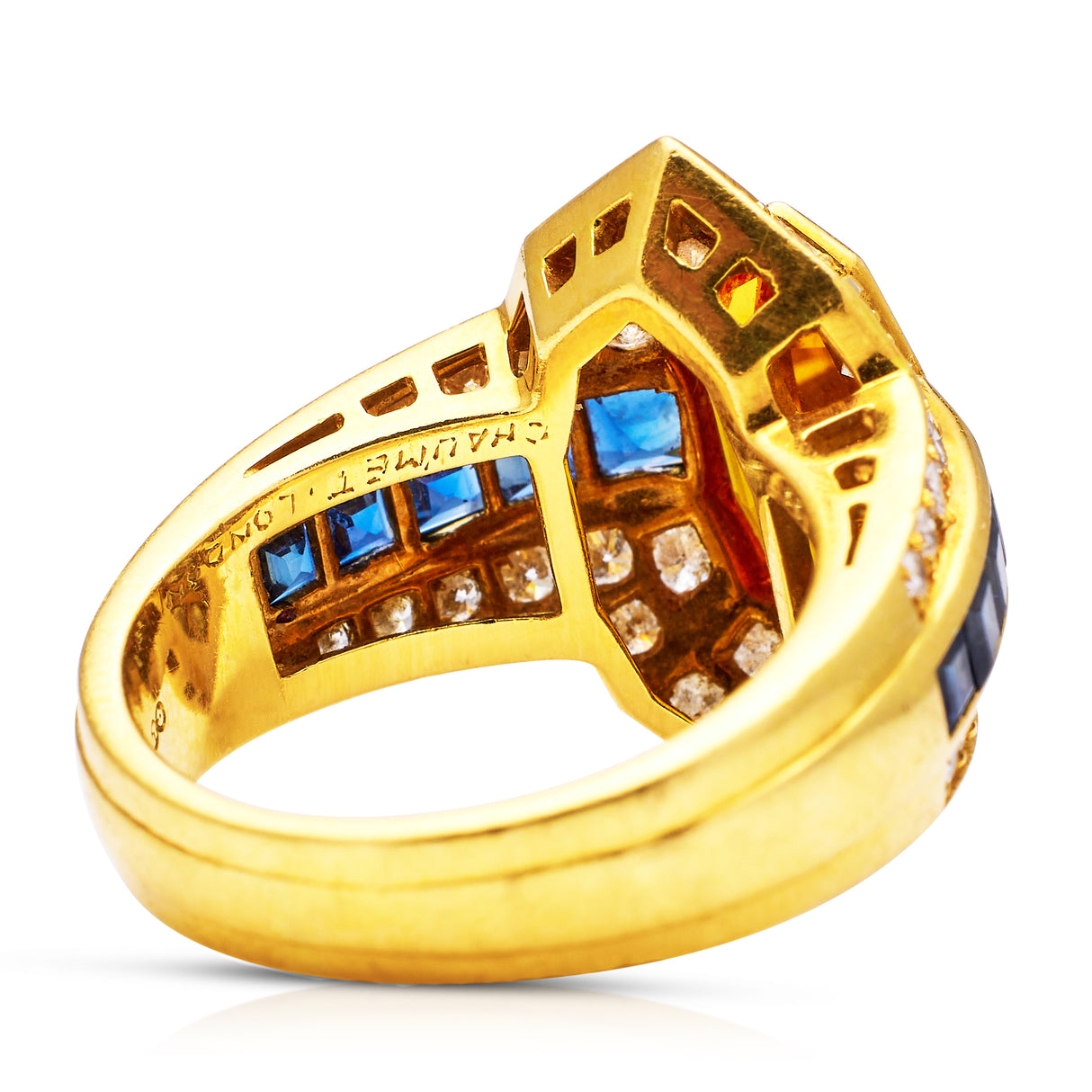 Vintage chaumet | orange sapphire, diamond and blue sapphire cocktail ring, signed
