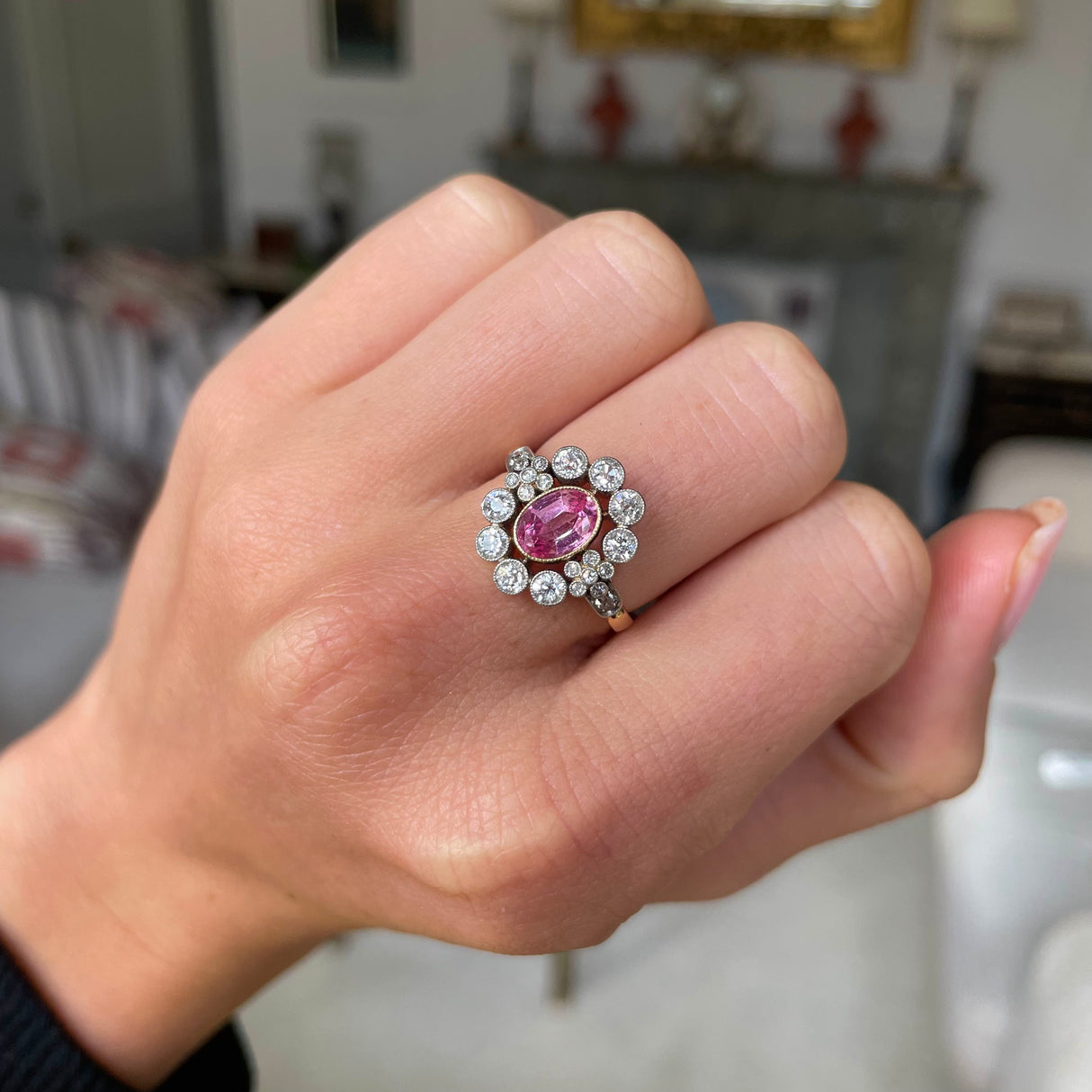 Belle Époque, synthetic peach sapphire and diamond cluster ring, 14ct yellow gold