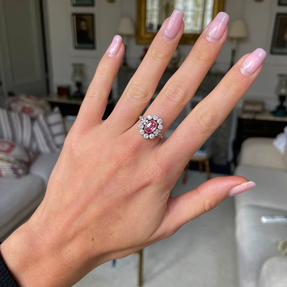 Belle Époque, synthetic peach sapphire and diamond cluster ring, 14ct yellow gold