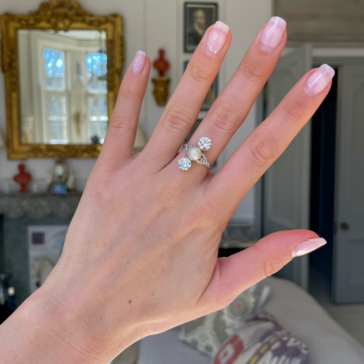 Antique natural pearl & diamond ring