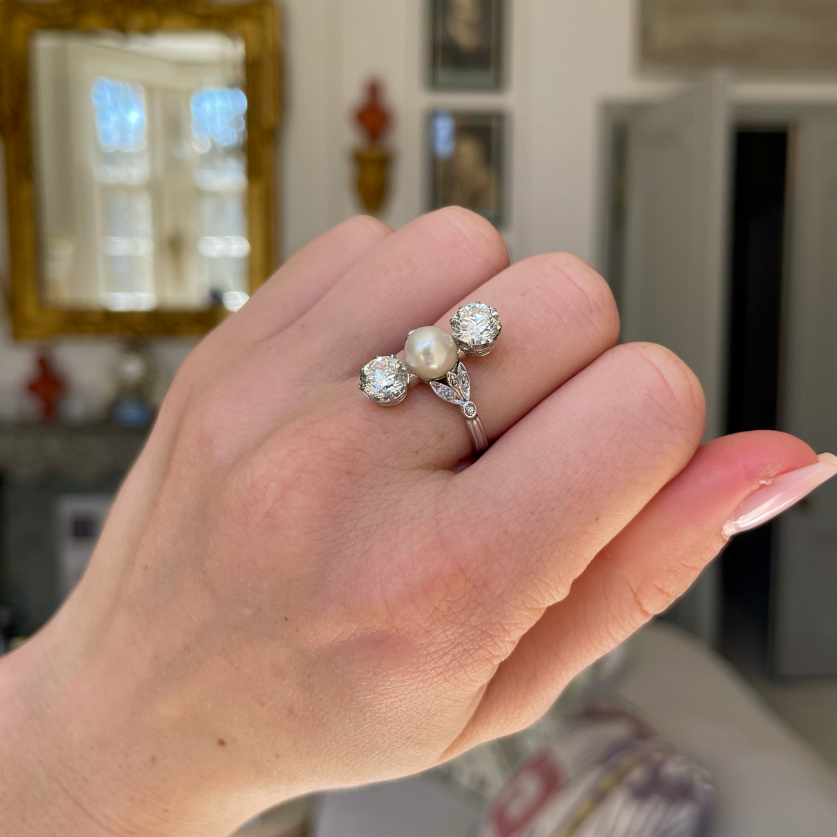 Antique natural pearl & diamond ring