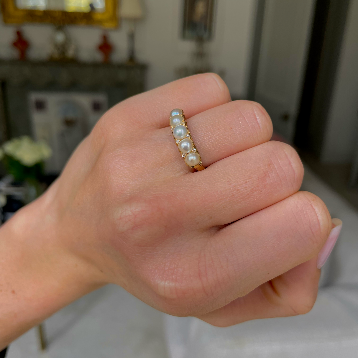 Antique, Edwardian pearl & diamond half hoop ring