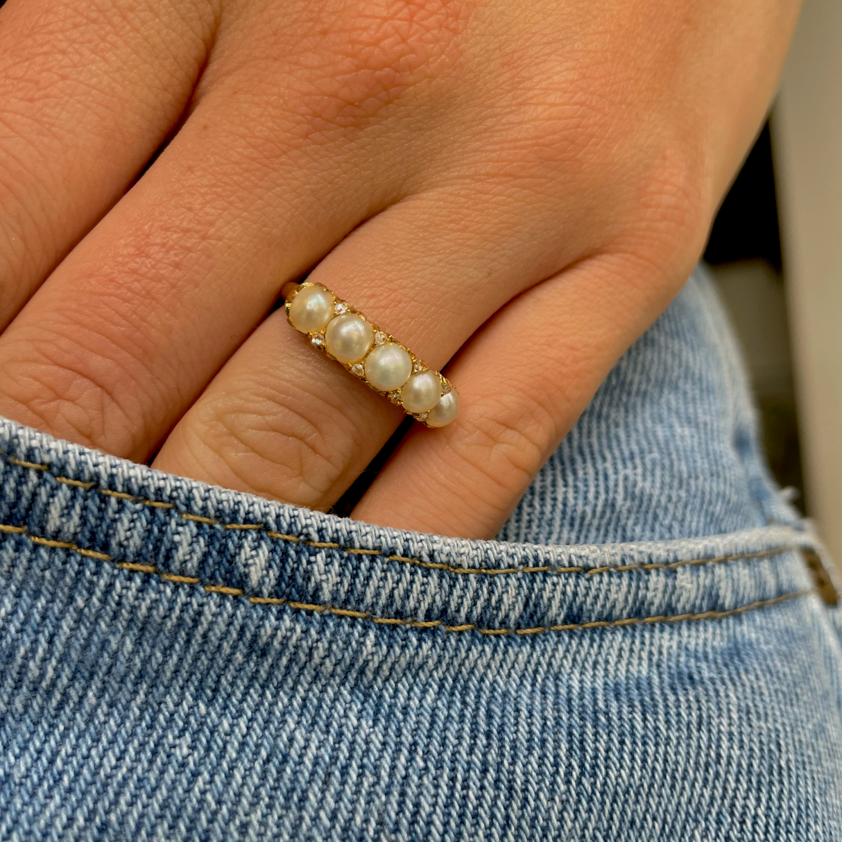 Antique, Edwardian pearl & diamond half hoop ring