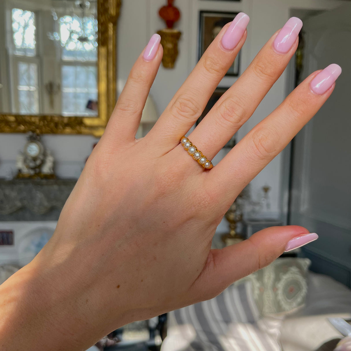 Antique natural pearl half hoop ring