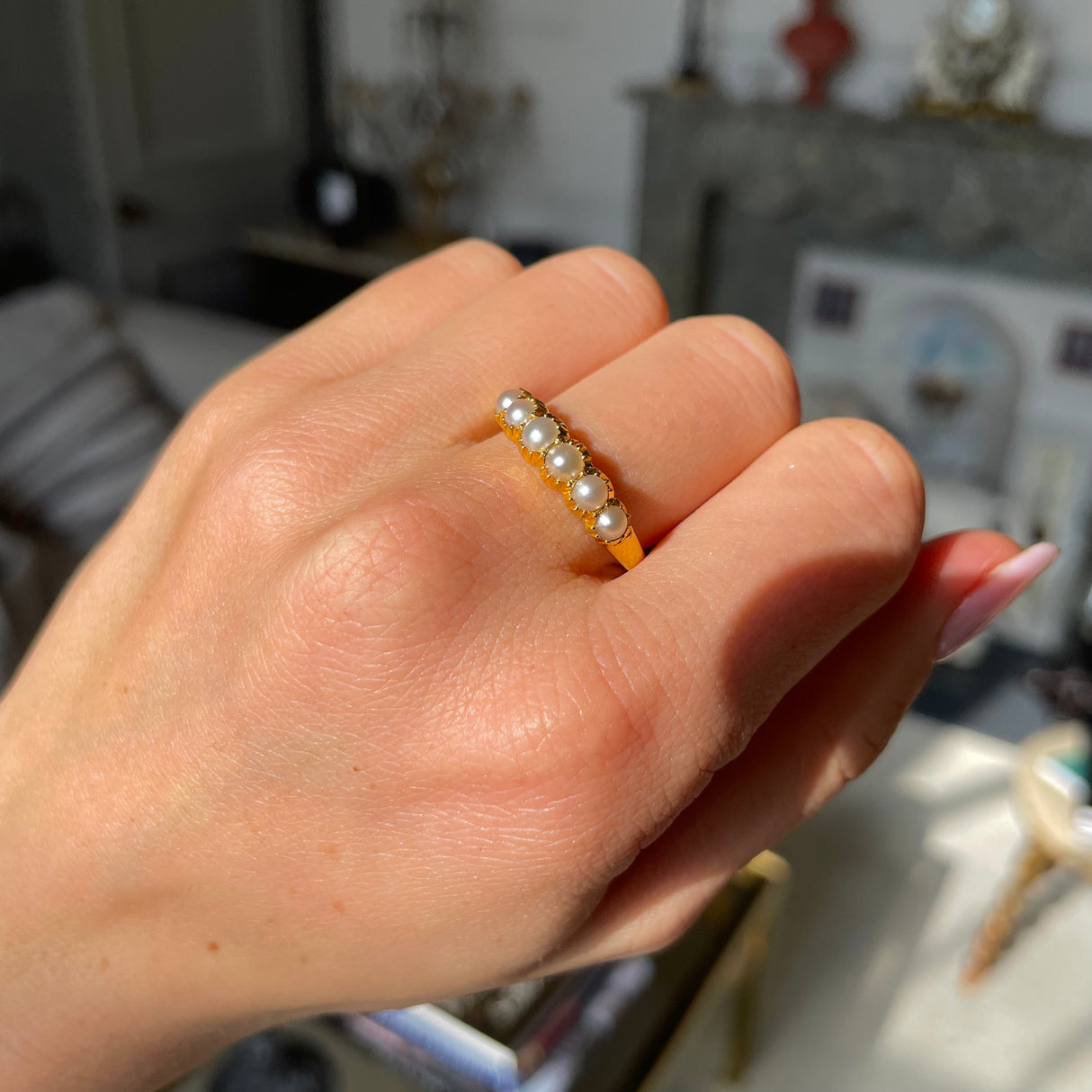 Antique natural pearl half hoop ring