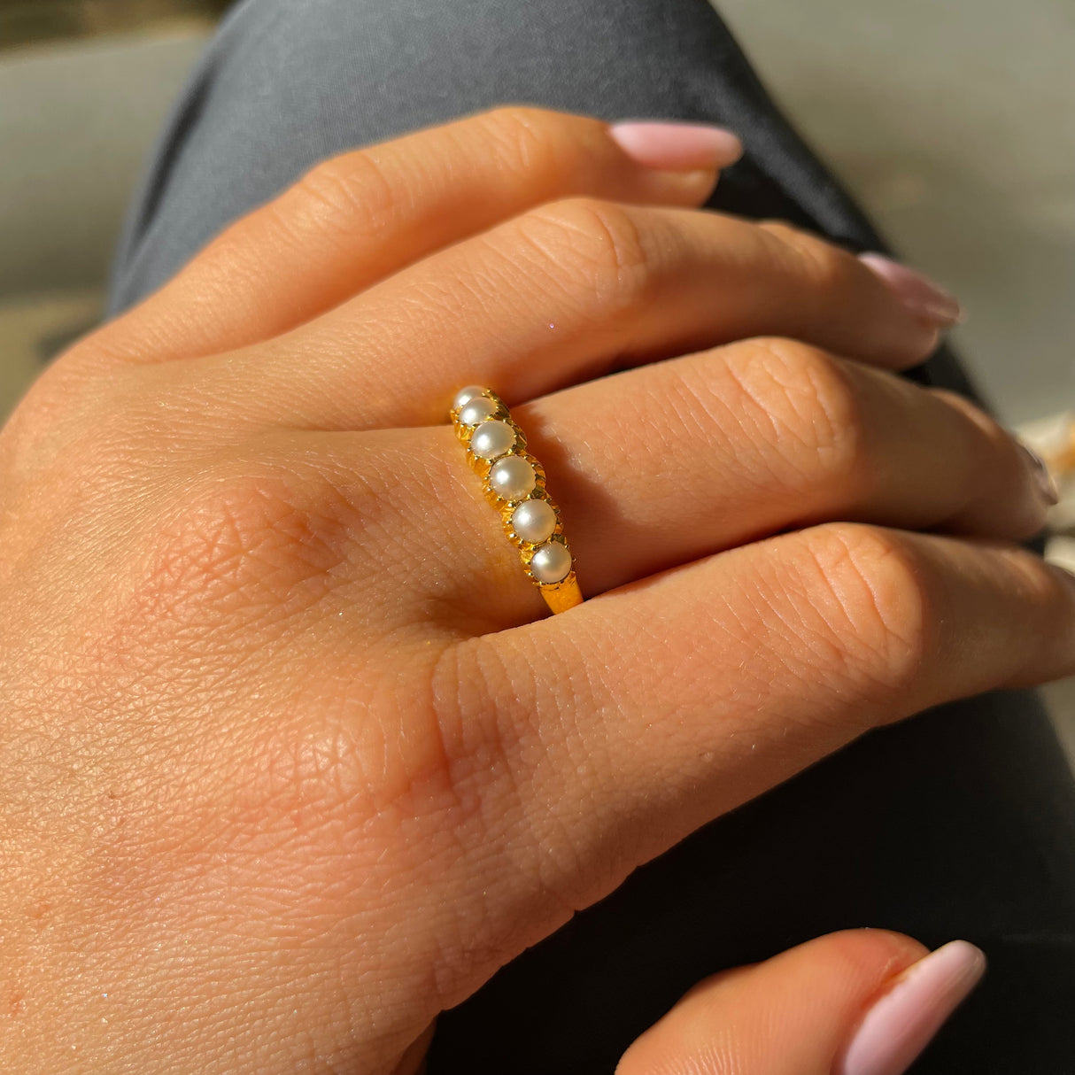Antique natural pearl half hoop ring