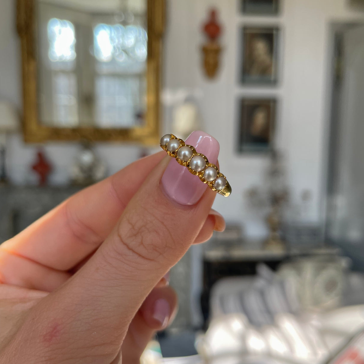 Antique natural pearl half hoop ring