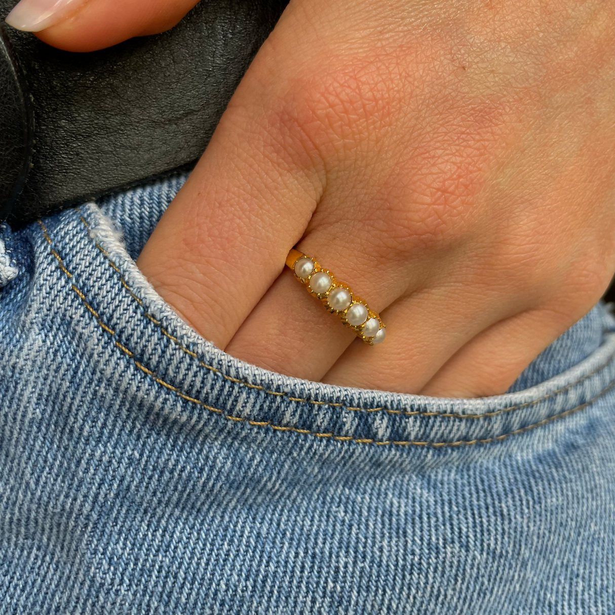 Antique natural pearl half hoop ring
