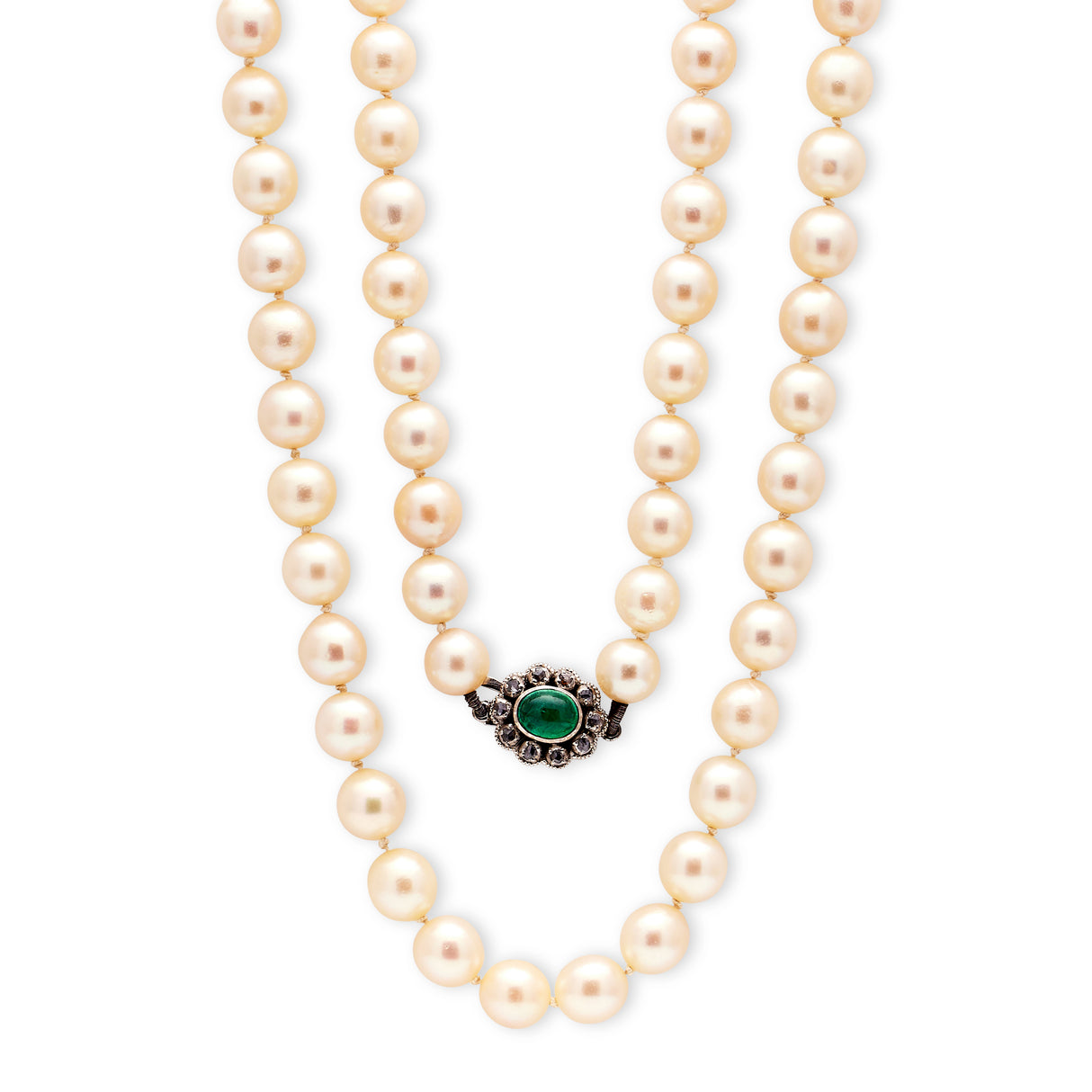 Art Deco | Cabochon Emerald and Diamond Pearl Necklace