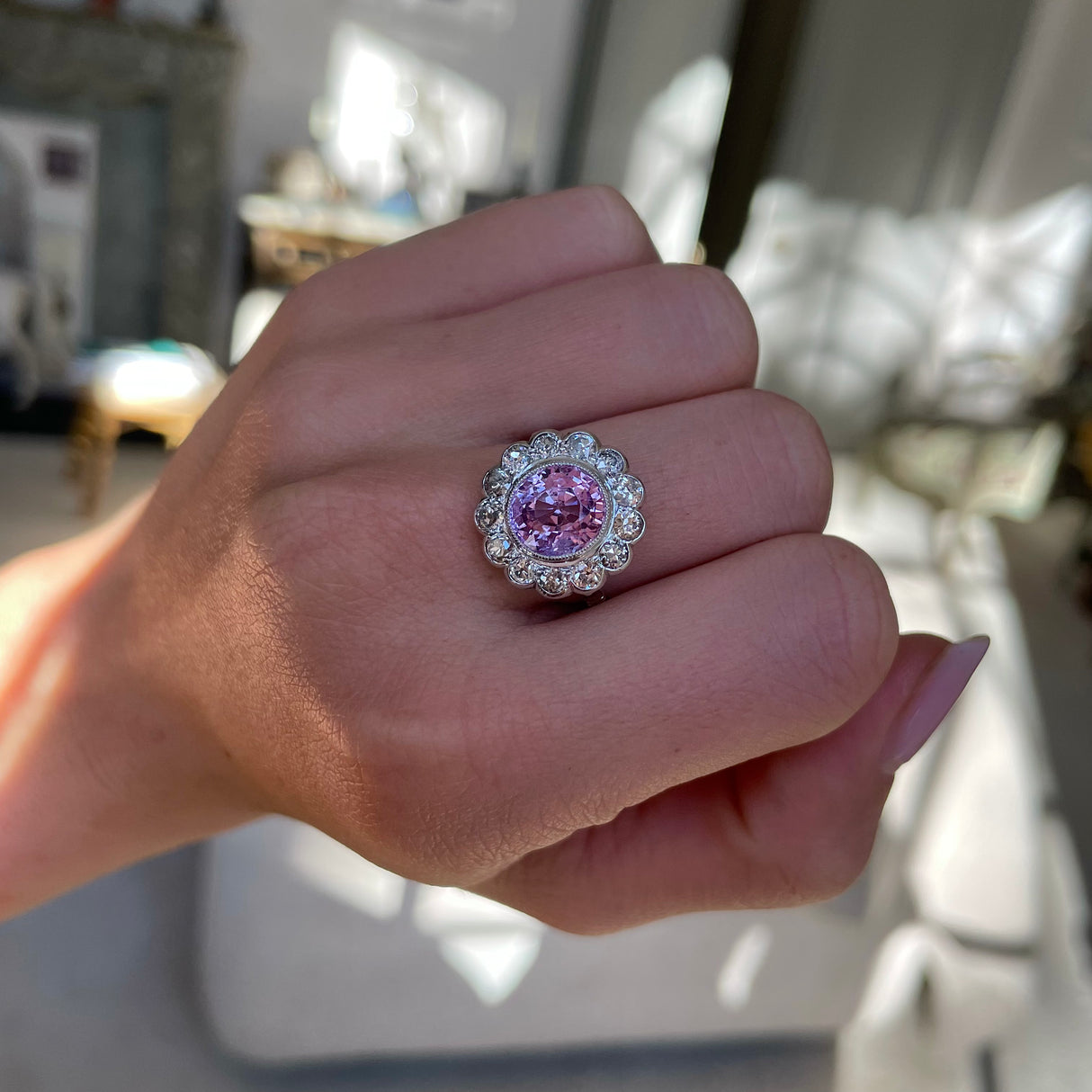 Pink sapphire & diamond cluster ring