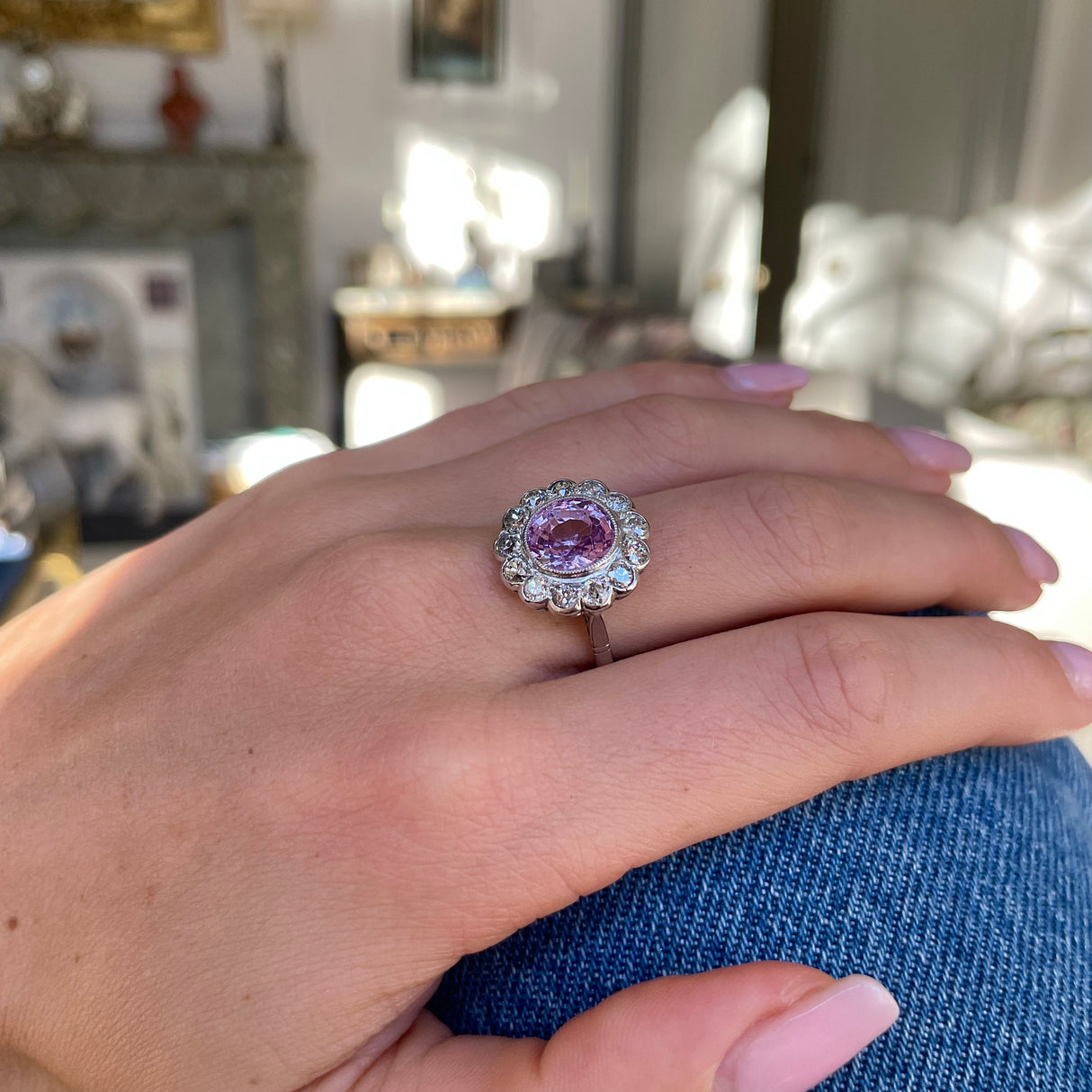 Pink sapphire & diamond cluster ring