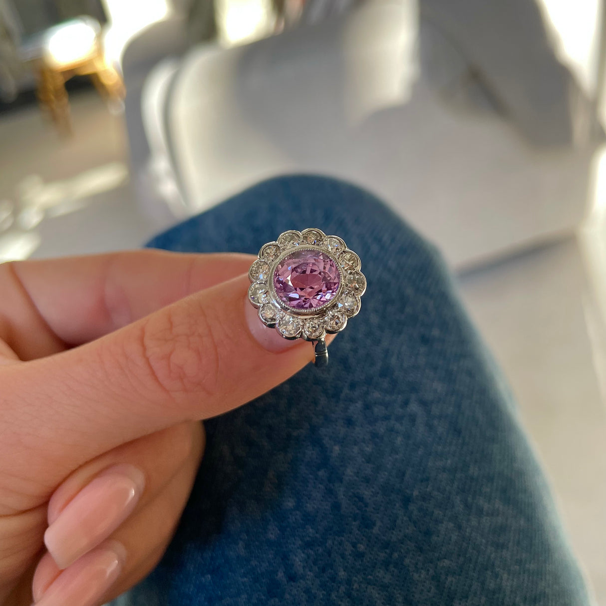 Pink sapphire & diamond cluster ring
