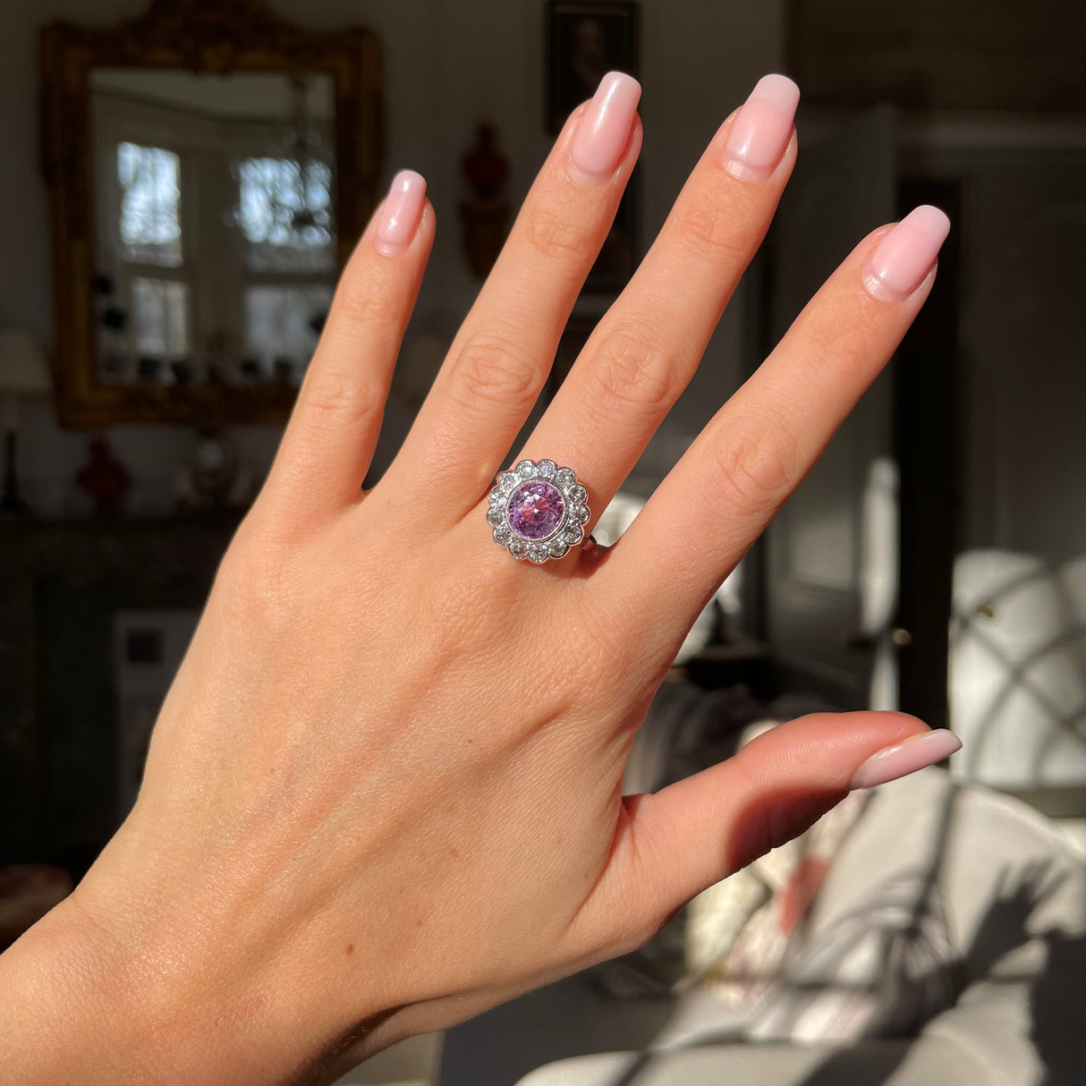 Pink sapphire & diamond cluster ring