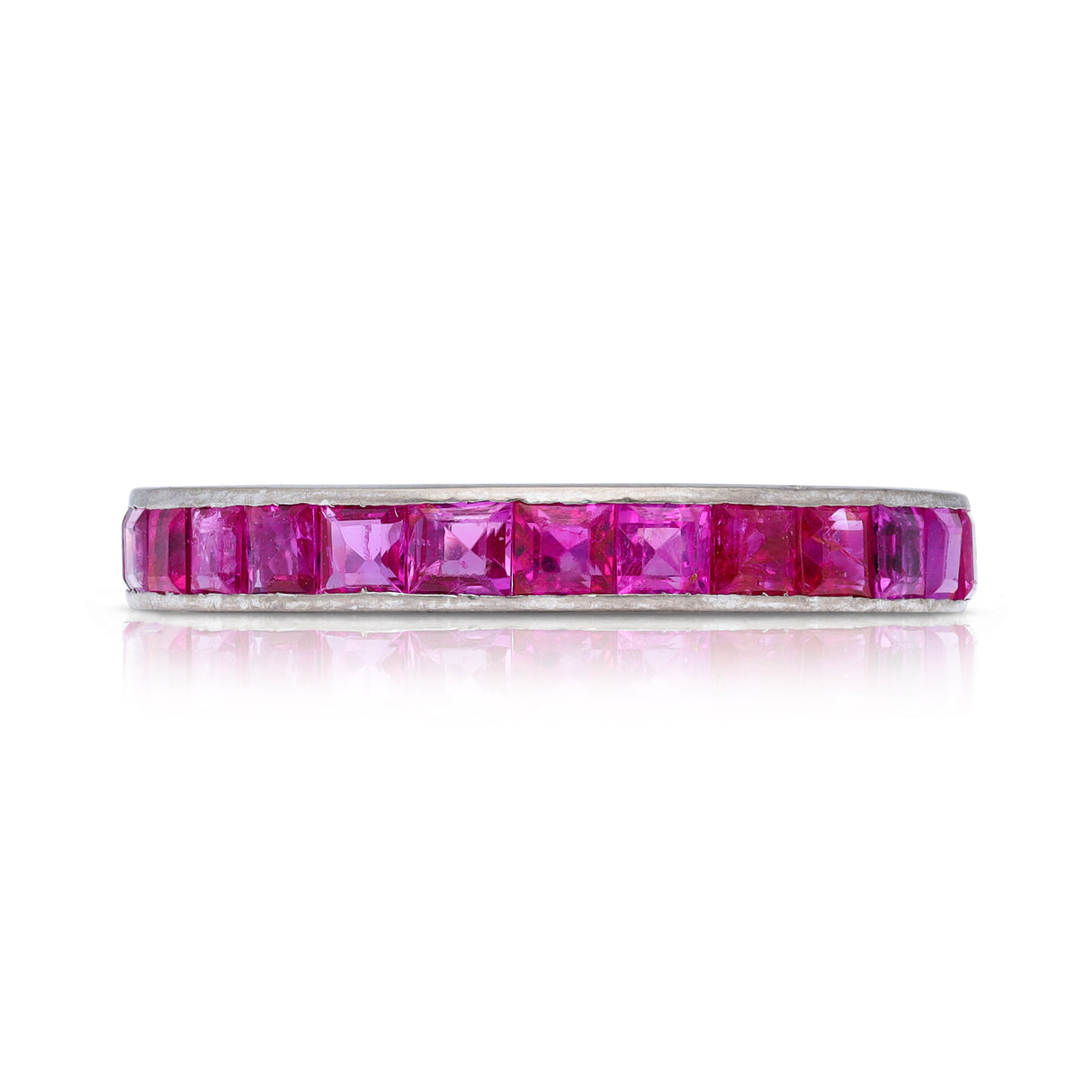 Pink sapphire eternity ring, front view.