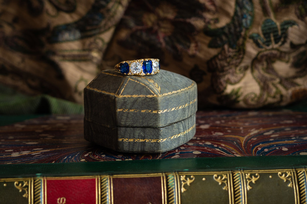 Antique Victorian, 18ct yellow gold, sapphire and diamond five-stone ring