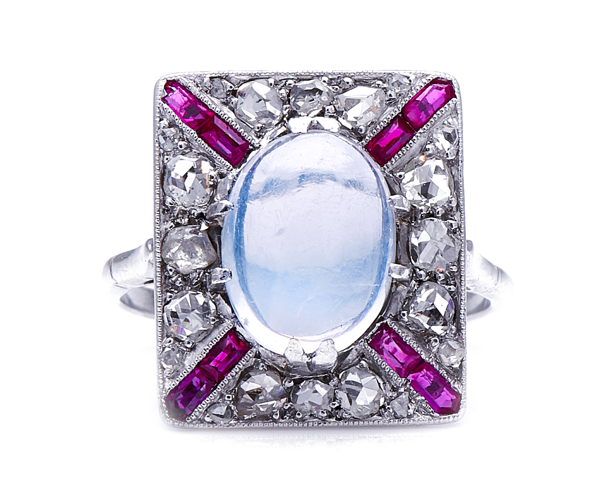 Rare Antique Art Deco, Platinum, Moonstone, Diamond and Ruby Ring | Antique Rings | Antique Ring Boutique | Vintage Engagement Rings | Antique Engagement Rings