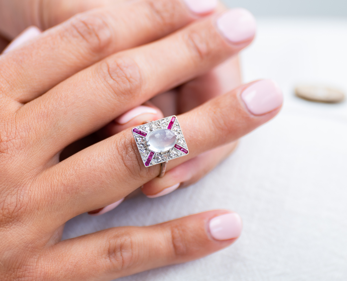 Rare Antique Art Deco, Platinum, Moonstone, Diamond and Ruby Ring | Antique Rings | Antique Ring Boutique | Vintage Engagement Rings | Antique Engagement Rings